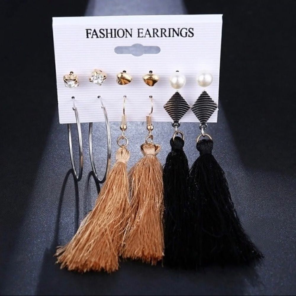 Set of 6 pair earrings, tassel, black, brown, dangle, hoop, cute, striped, pearl